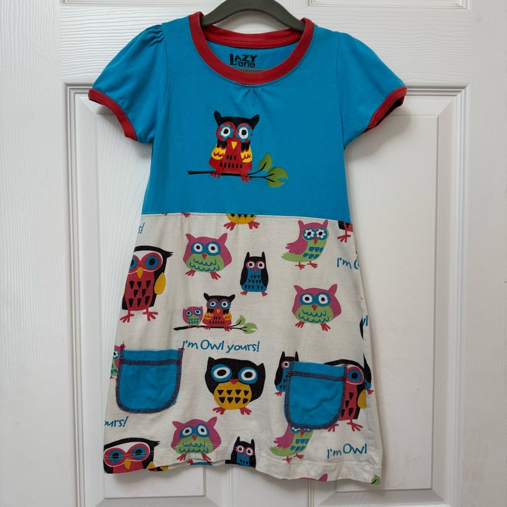 Lazy One Kids Owl Dress - Blue, red, and cream